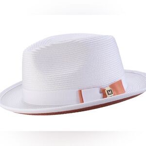 MONTIQUE MEN'S WHITE/PAPAYA BOTTOM BRAIDED STINGY BRIM PINCH FEDORA HAT H85.